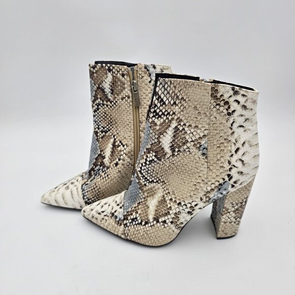 Snakeskin Print Pointed Toe Ankle Boots  Beige & Brown Faux Leather 4" Heels - Picture 2 of 9